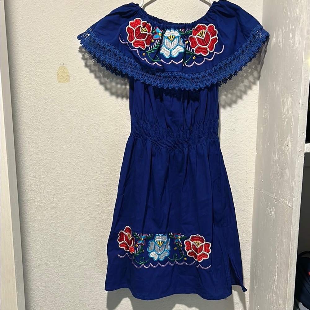 Navy Blue Sundress with Flutter Sleeves and Off the Shoulder Neckline